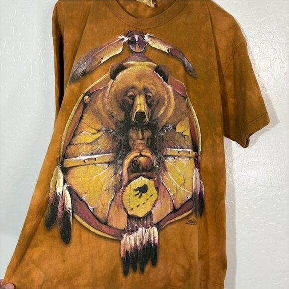 Vintage The Mountain Shirt Mens Large Brown Tie Dye Bear Native Graphic 1999 90s - Picture 2 of 7